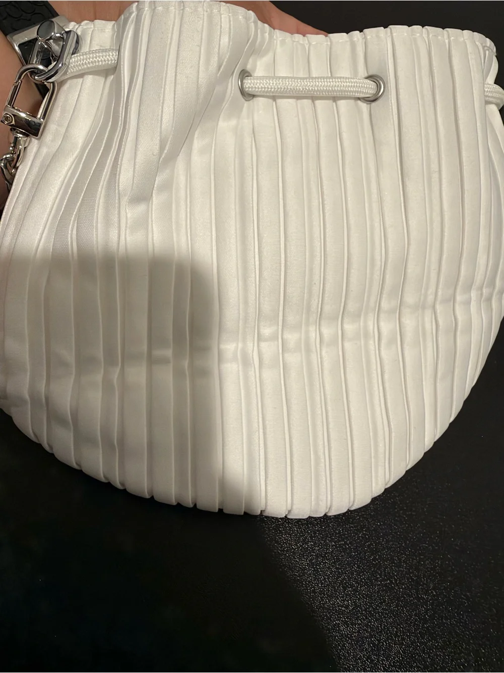 Dior Beauty White Pleated Drawstring Pouch Bag + Added Chain Strap